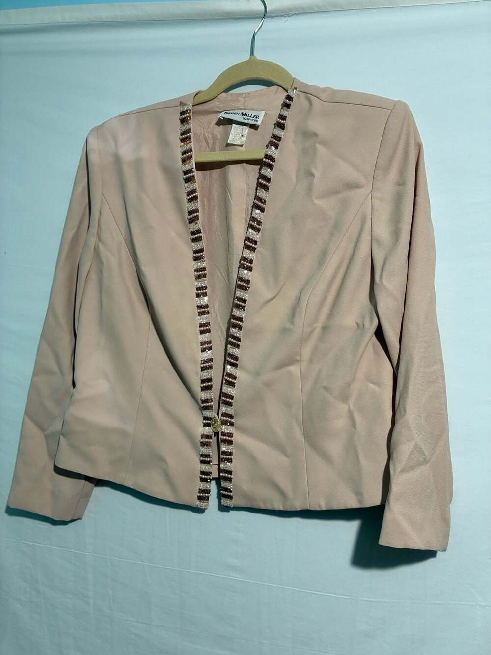 Vintage Karen Miller New York Pink Beaded Collarless Blazer Jacket Size 12